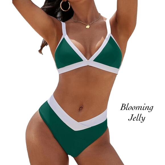 Blooming Jelly Green White Trim Triangle High Cut Bikini Swimsuit NWT Size S - Picture 1 of 12